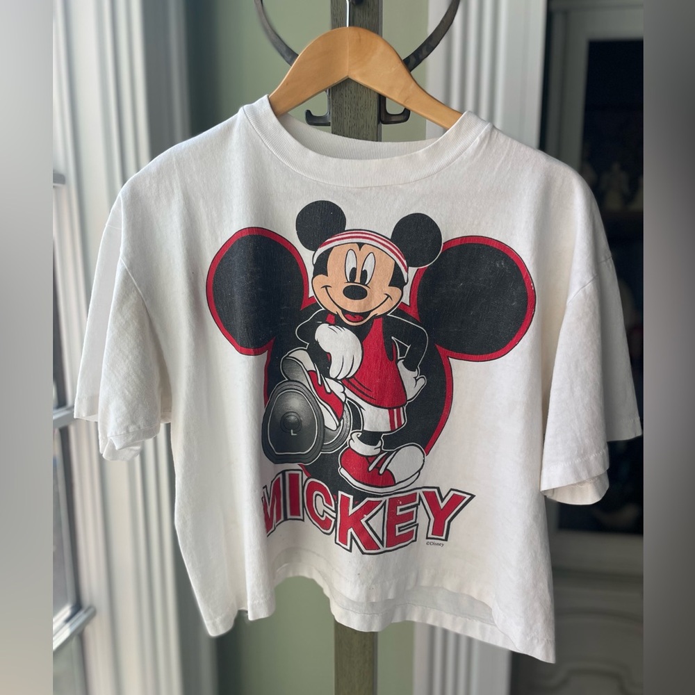 Vintage Mickey Mouse Workout Tee Single Stitch Cropped Oversized Med Disney 90s